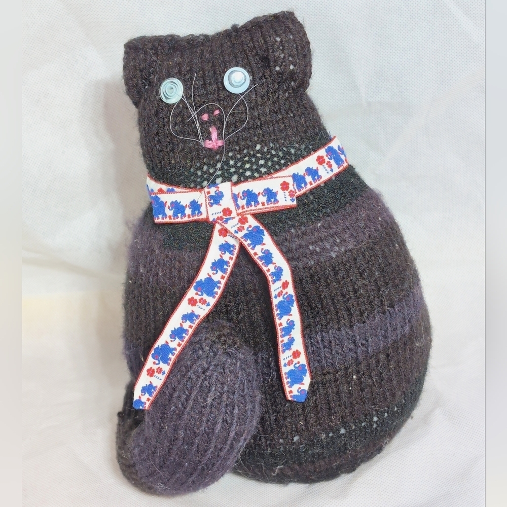 Handcrafted Black Knit Cat Stuffed Animal With Elephant Parade Ribbon